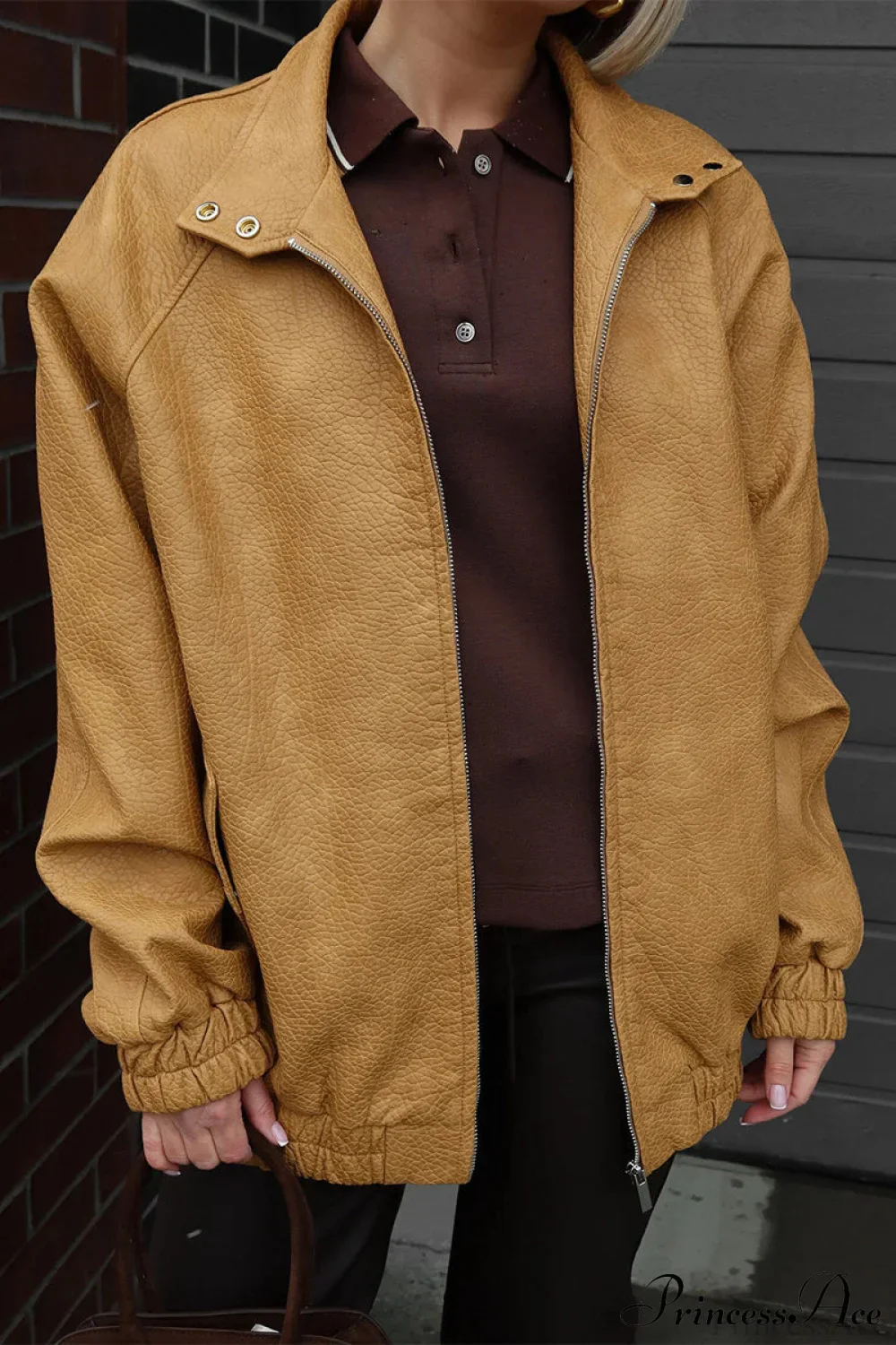 Loose Stand Collar Zipper Textured PU Leather Coat - Image 7