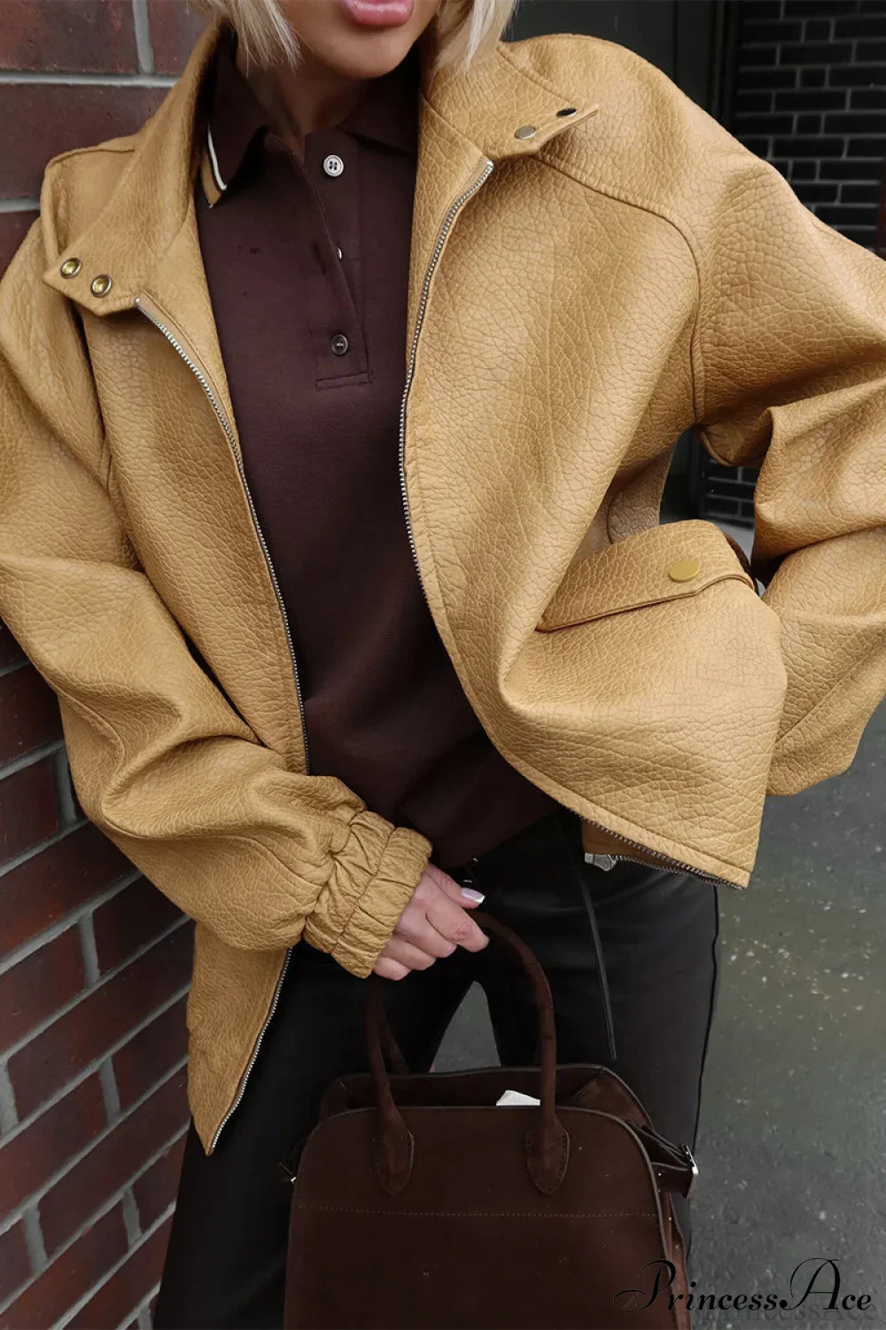 Loose Stand Collar Zipper Textured PU Leather Coat - Image 8