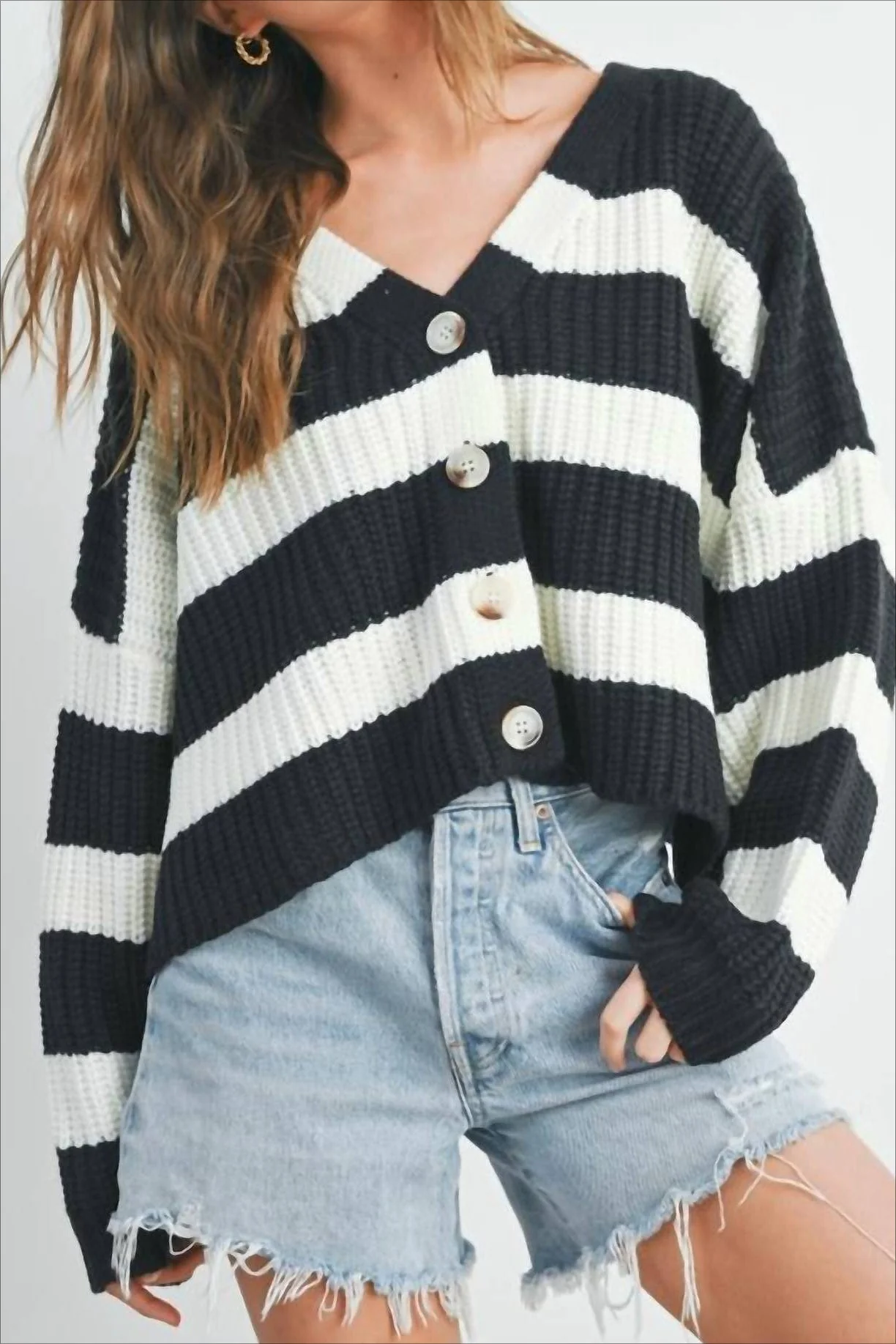Loose Stripe V Neck Long Sleeve Knit Cardigan - Image 2