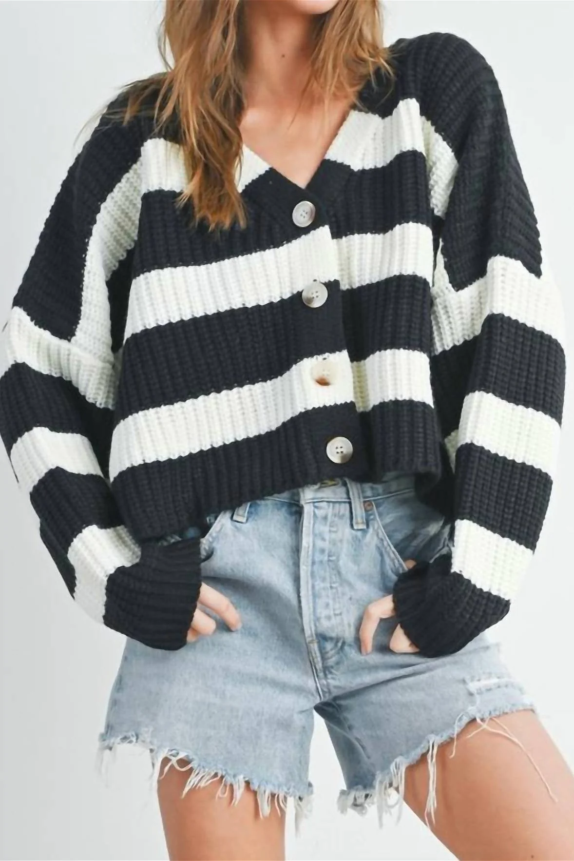 Loose Stripe V Neck Long Sleeve Knit Cardigan - Image 3