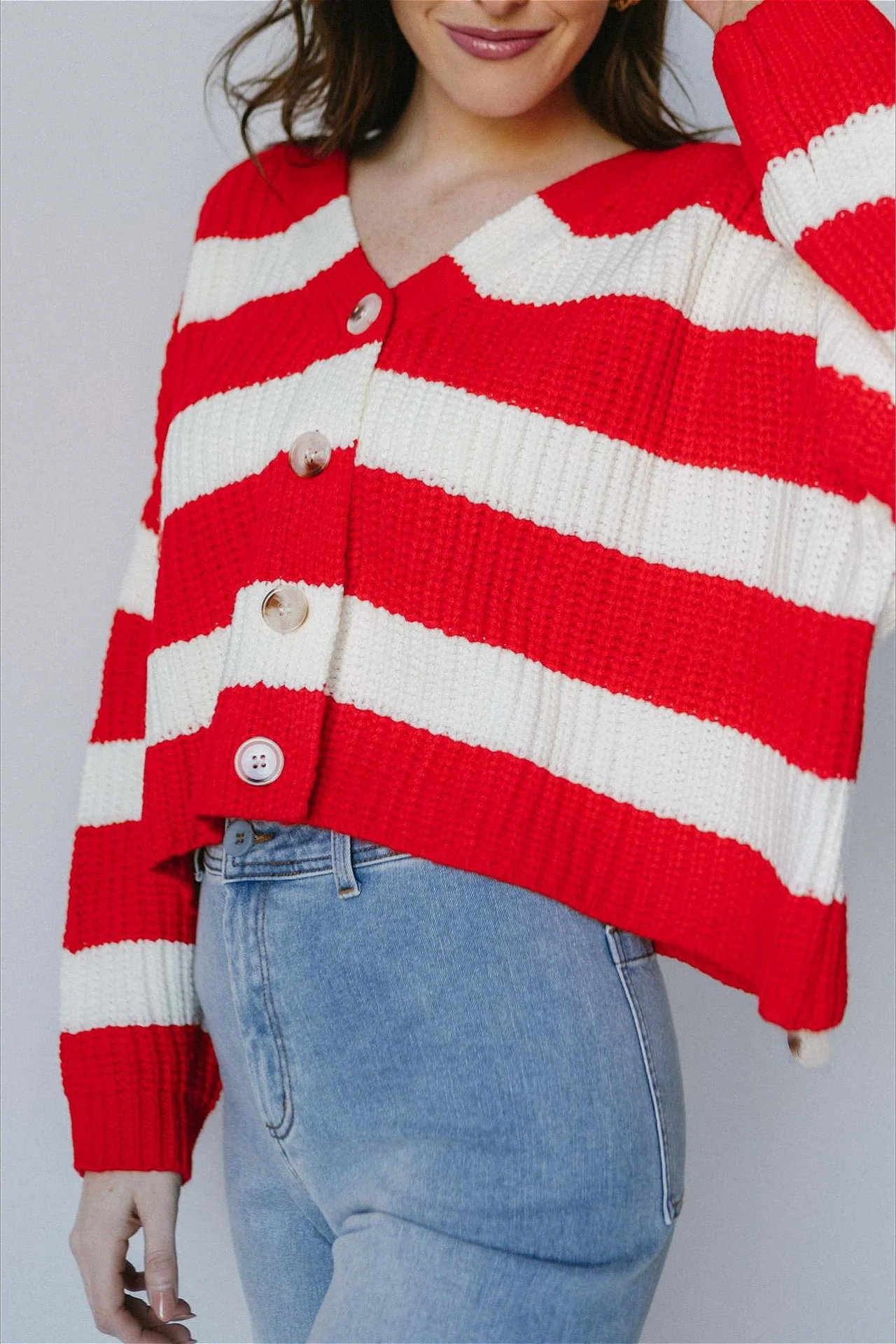 Loose Stripe V Neck Long Sleeve Knit Cardigan - Image 4