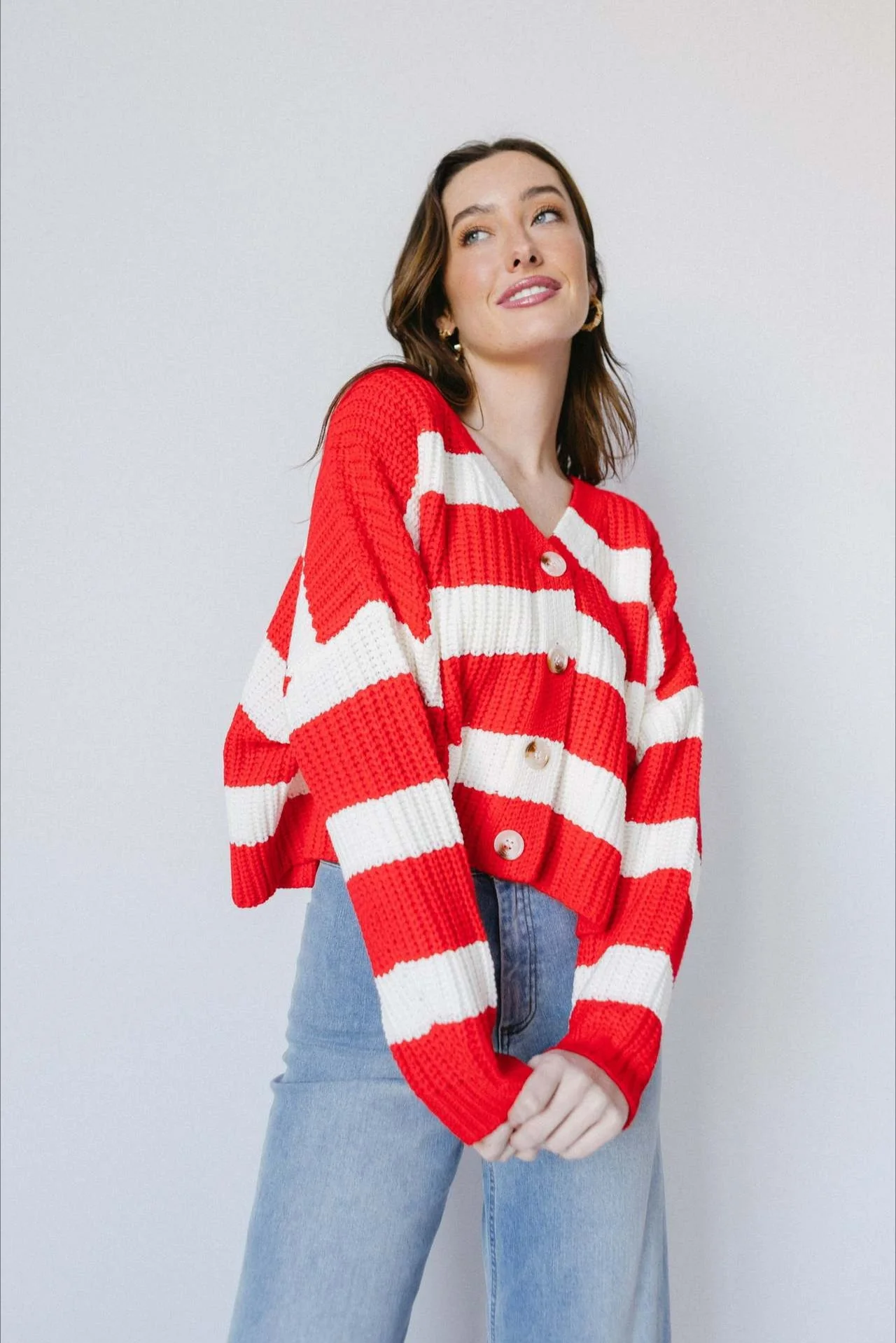 Loose Stripe V Neck Long Sleeve Knit Cardigan - Image 5