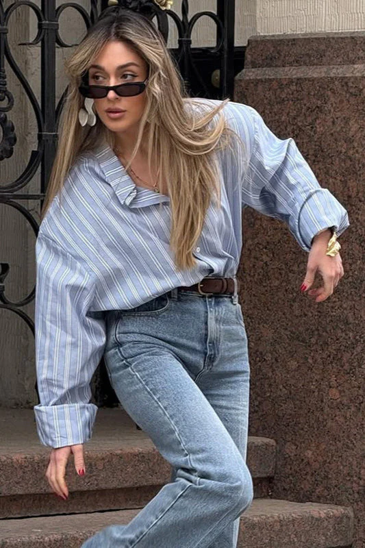 Loose Striped Collared Long Sleeve Blouse - Image 3