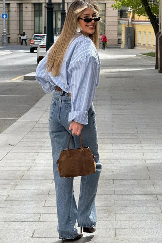 Loose Striped Collared Long Sleeve Blouse - Image 4