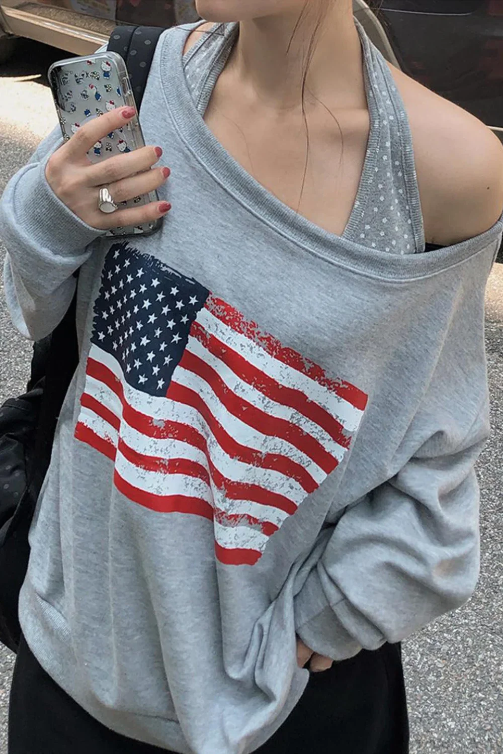 Loose Striped Print Halter Off Shoulder Fake Two Piece Sweatshirt - Image 2