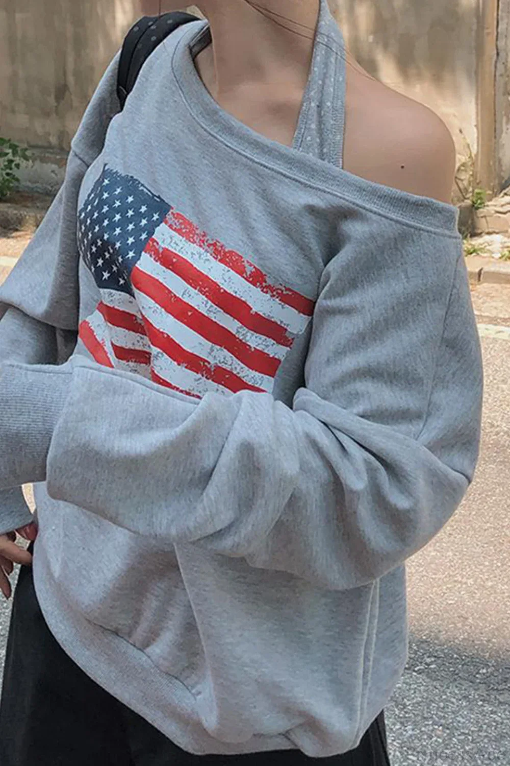 Loose Striped Print Halter Off Shoulder Fake Two Piece Sweatshirt - Image 3