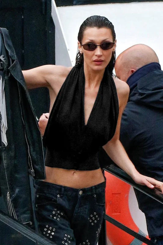 Loose V Neck Halter Solid Waist Button Backless Tank Top - Image 4