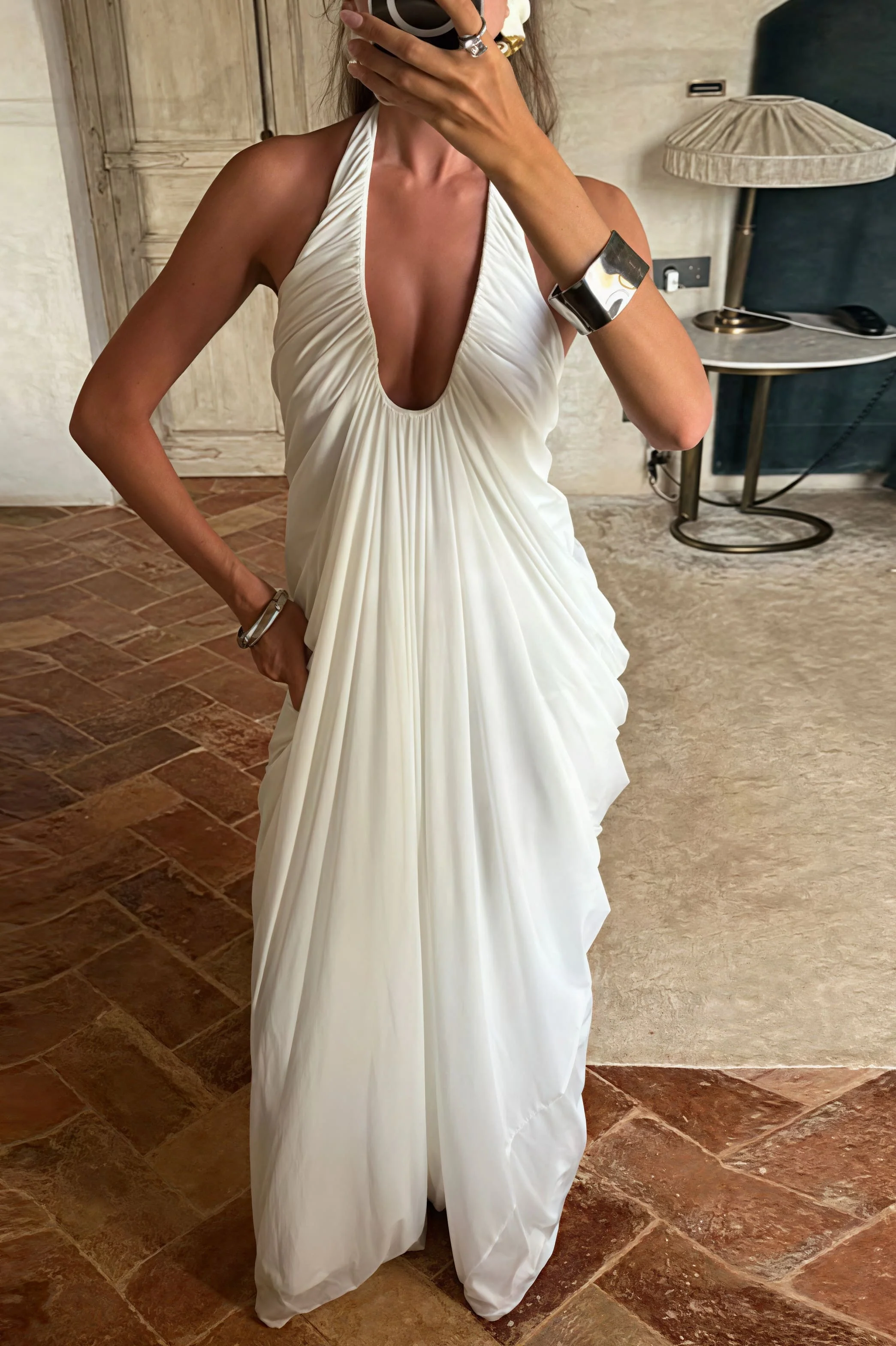 Loose V Neck Ruffled Halter Tulle Maxi Dress - Image 3