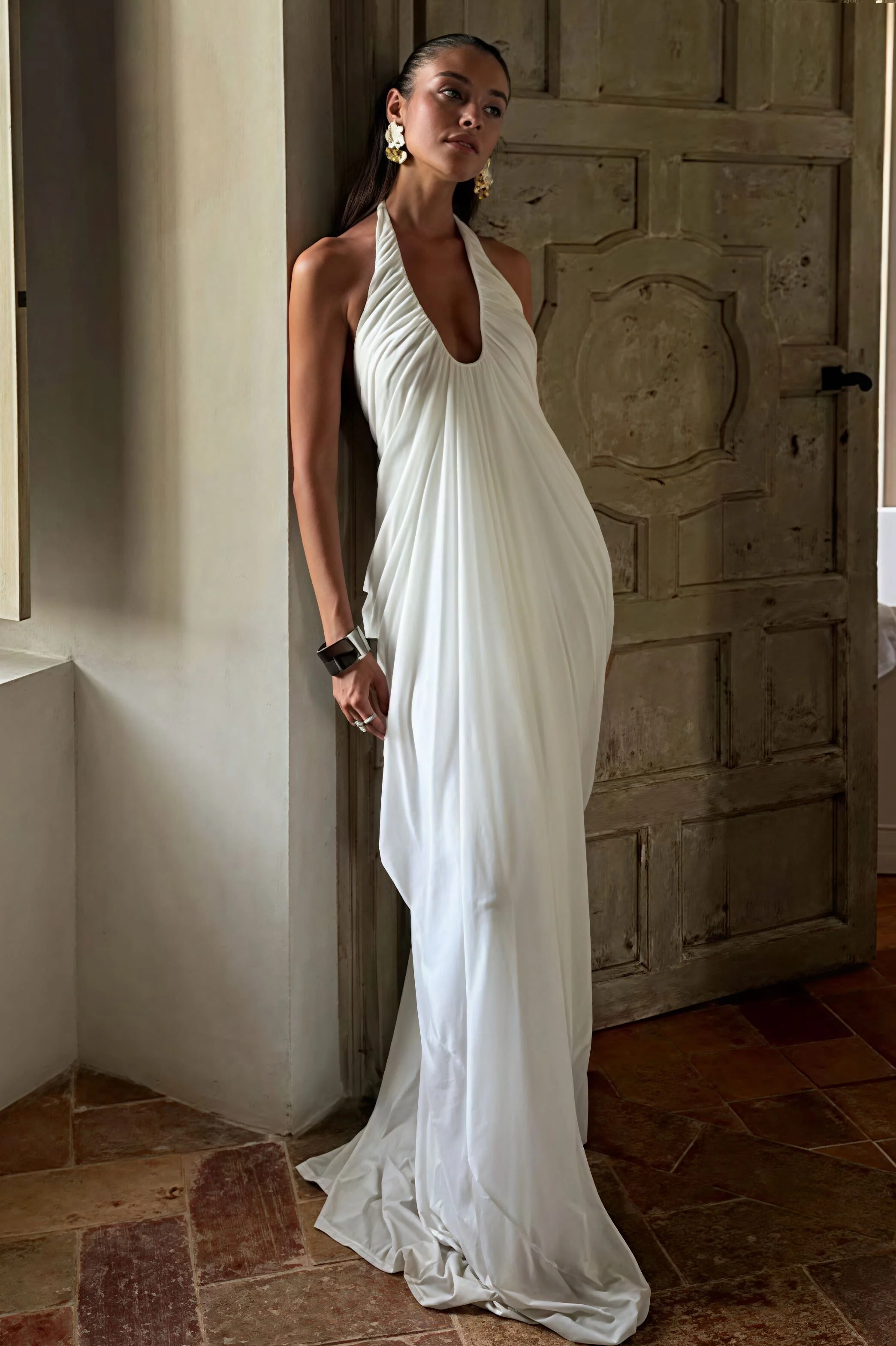 Loose V Neck Ruffled Halter Tulle Maxi Dress - Image 4