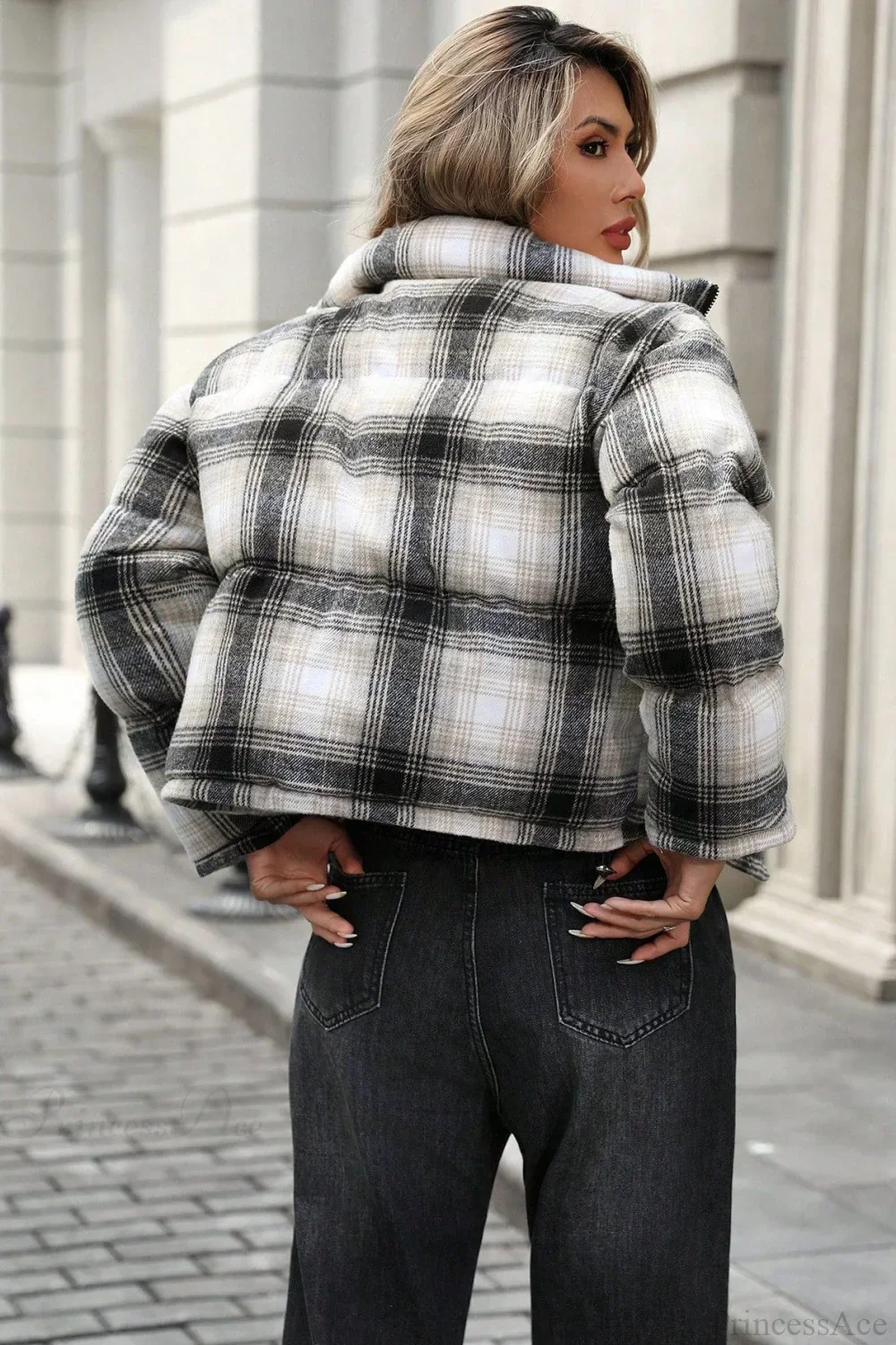 Loose Versatile Plaid Cropped Cotton Coat - Image 5