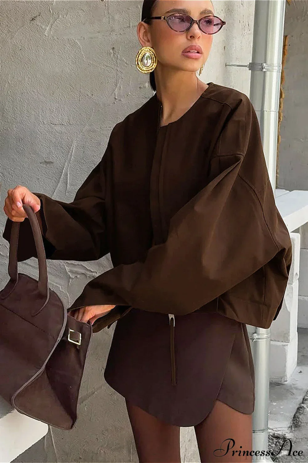 Loose Zip Crewneck Short Long Sleeve Coat - Image 3