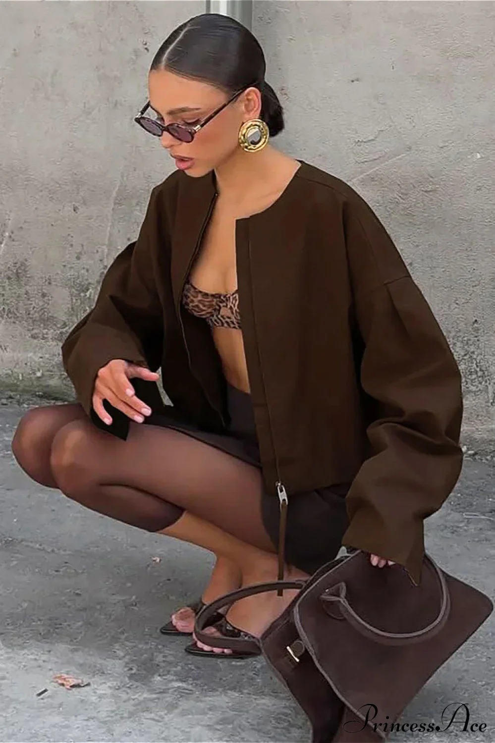 Loose Zip Crewneck Short Long Sleeve Coat - Image 5