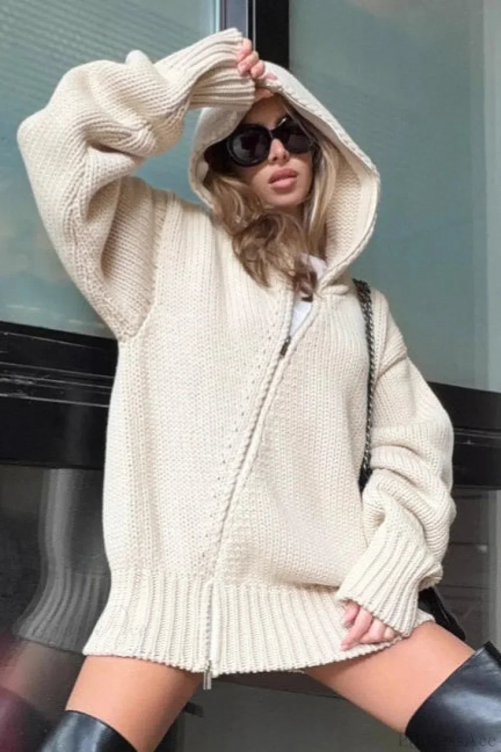 Loose Zip Hooded Knit Sweatshirt Cardigan - Image 3