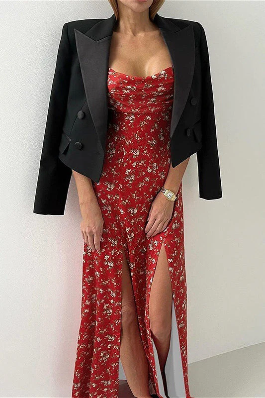 Low Cut Color Block Spaghetti Strap Floral Dress - Image 4