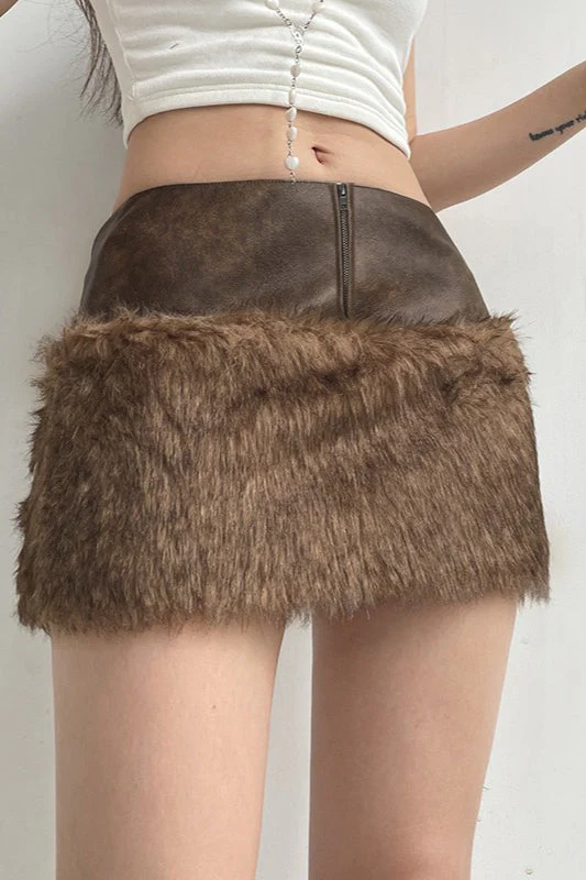 Low-Rise Fuzzy Leather Paneled Mini Skirt - Image 2