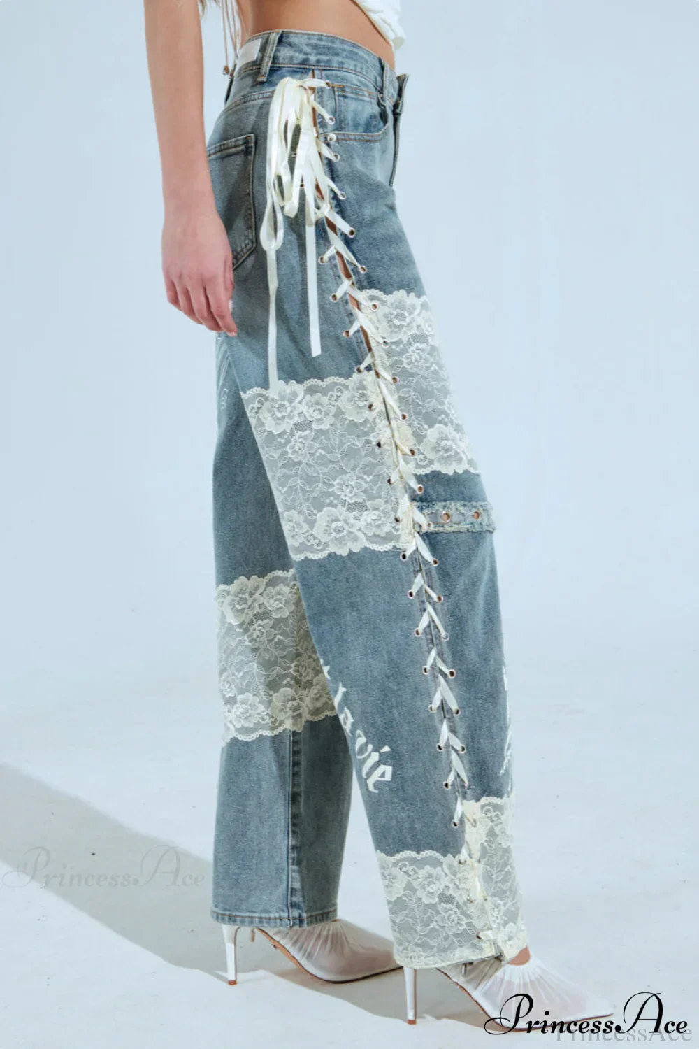 Low Waist Lace Panel Straight Stylish Jeans - Image 2