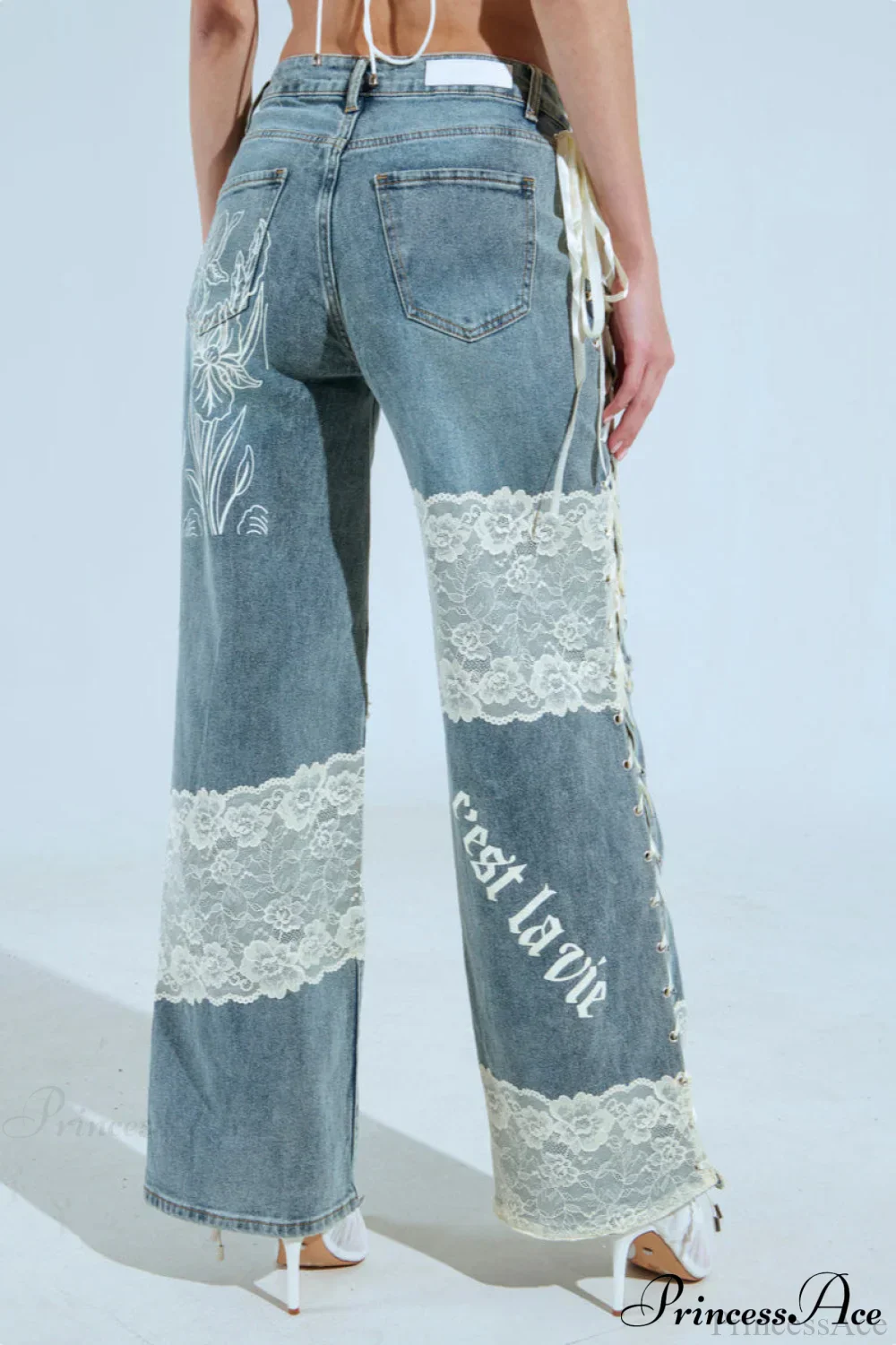 Low Waist Lace Panel Straight Stylish Jeans - Image 3