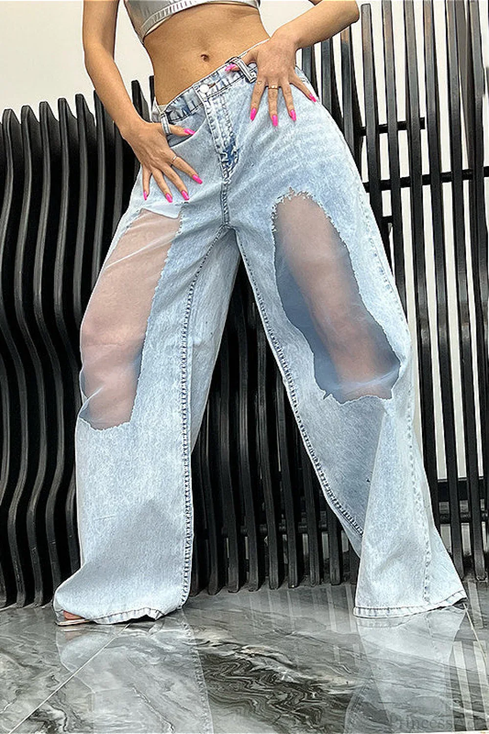 Low Waist Ripped Mesh Panel Wide Leg Jeans - Image 3