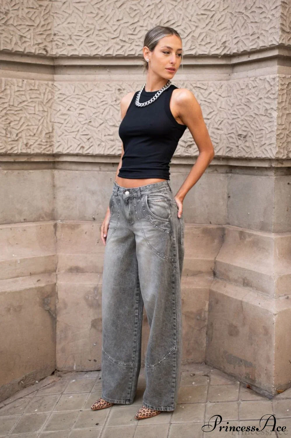 Low Waisted Relaxed Rhinestone Straight Jeans - Image 2