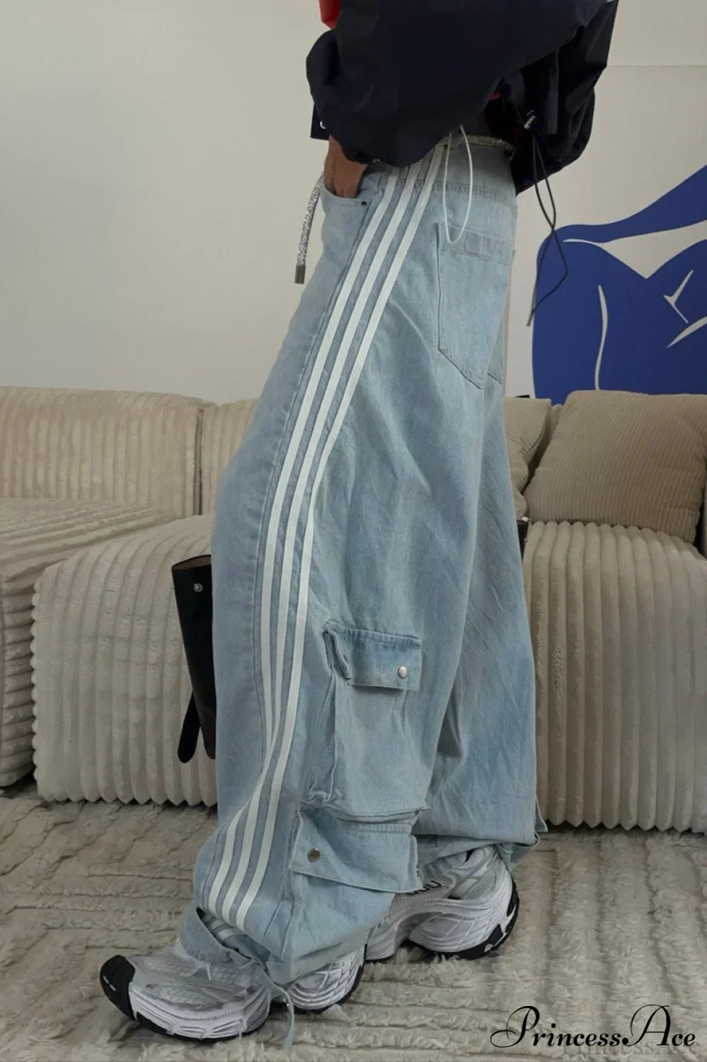 Low Waisted Striped Flowy Wide Leg Jeans - Image 2