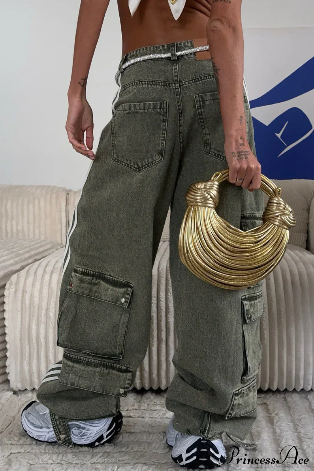 Low Waisted Striped Flowy Wide Leg Jeans - Image 6