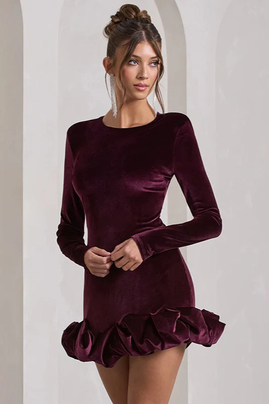 Luxe Velvet Crew Neck Pleated Long Sleeve Mini Dress - Image 2