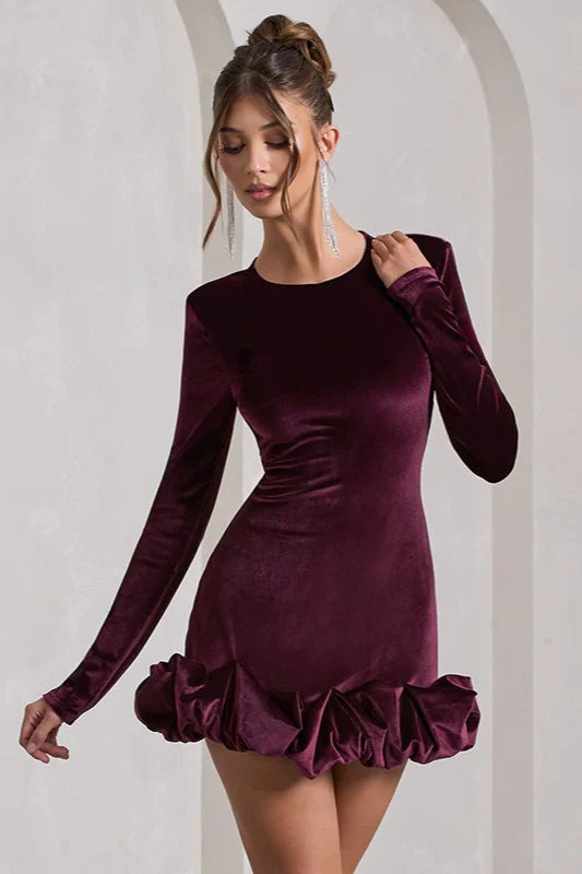 Luxe Velvet Crew Neck Pleated Long Sleeve Mini Dress - Image 3