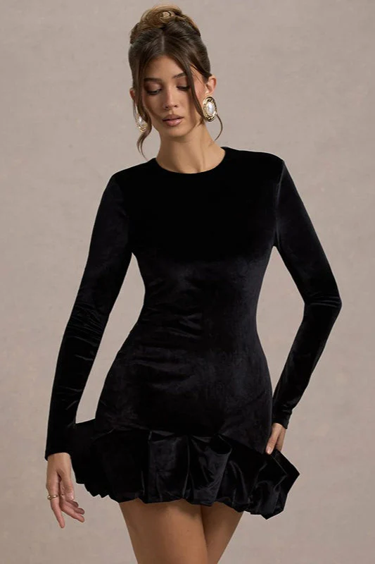 Luxe Velvet Crew Neck Pleated Long Sleeve Mini Dress - Image 5