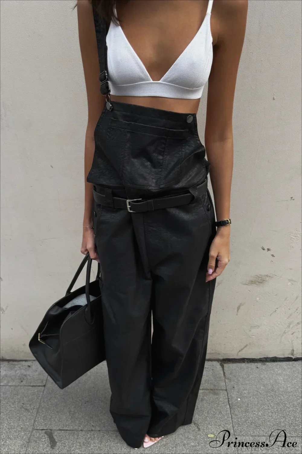 Lychee Leather Bib Belted Vintage Pants - Image 4