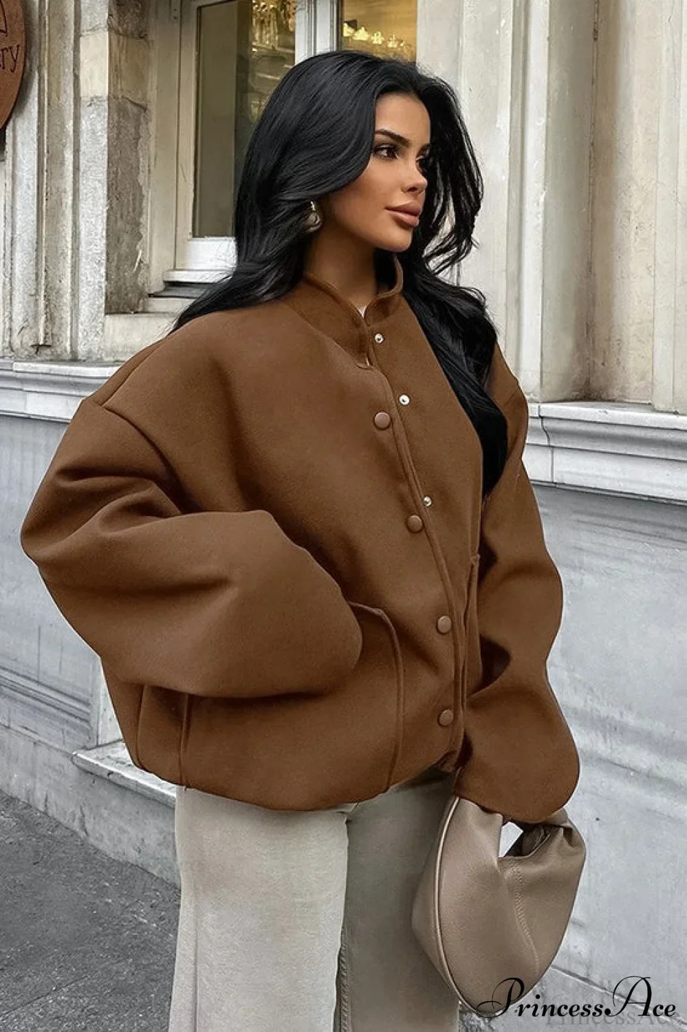 Maillard Brown Thickened Mid-Length Stand-Collar Woolen Jacket - Image 2