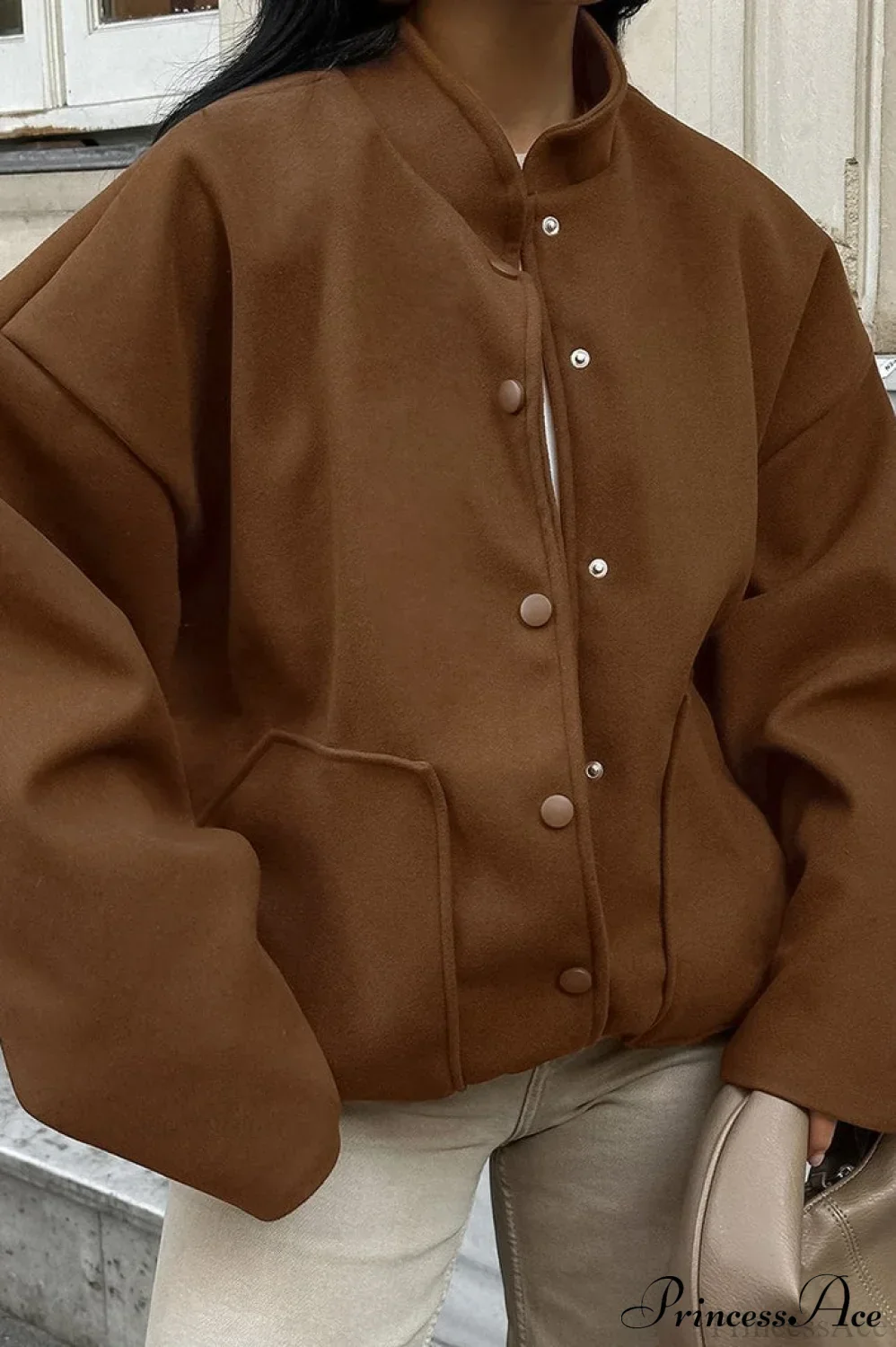 Maillard Brown Thickened Mid-Length Stand-Collar Woolen Jacket - Image 5