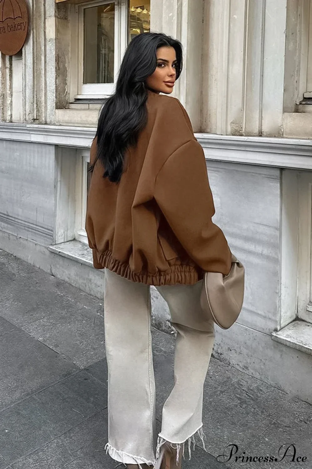 Maillard Brown Thickened Mid-Length Stand-Collar Woolen Jacket - Image 6