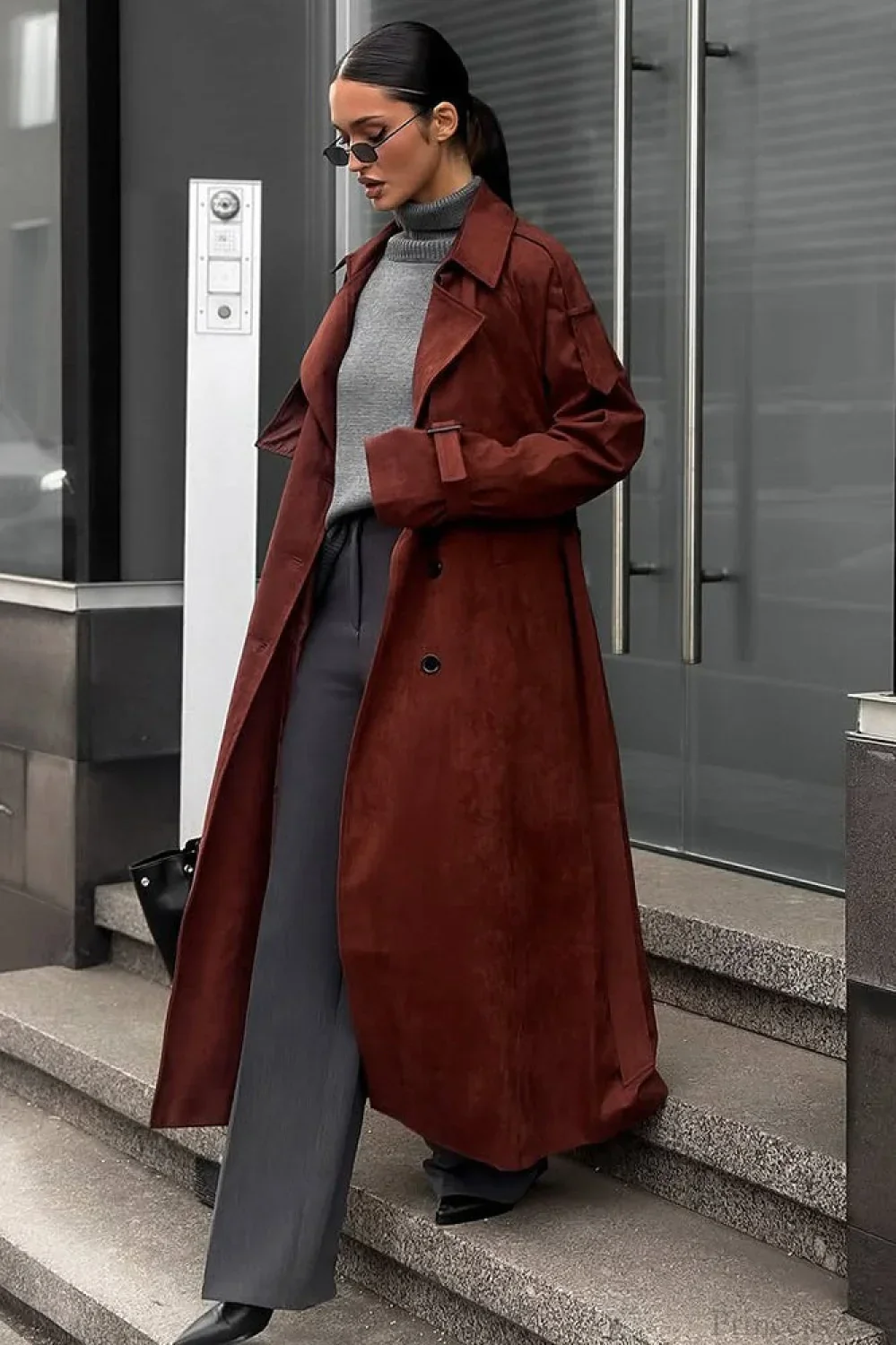 Vintage Maillard Notched Collar Suede Tie-Waist Overcoat - Image 2