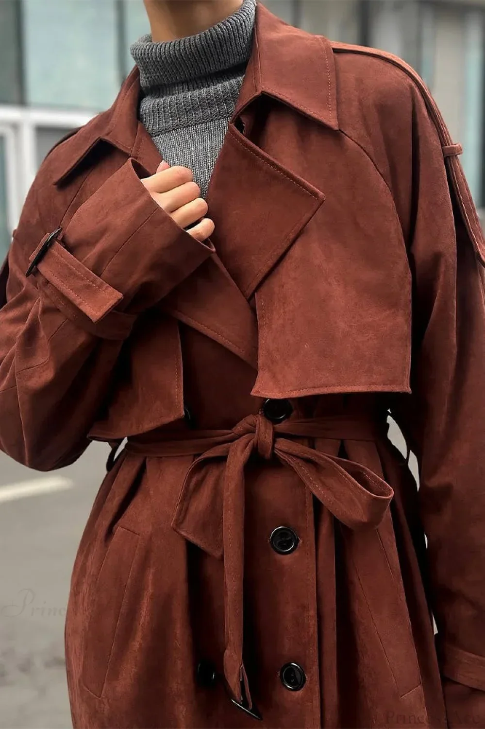 Vintage Maillard Notched Collar Suede Tie-Waist Overcoat - Image 3
