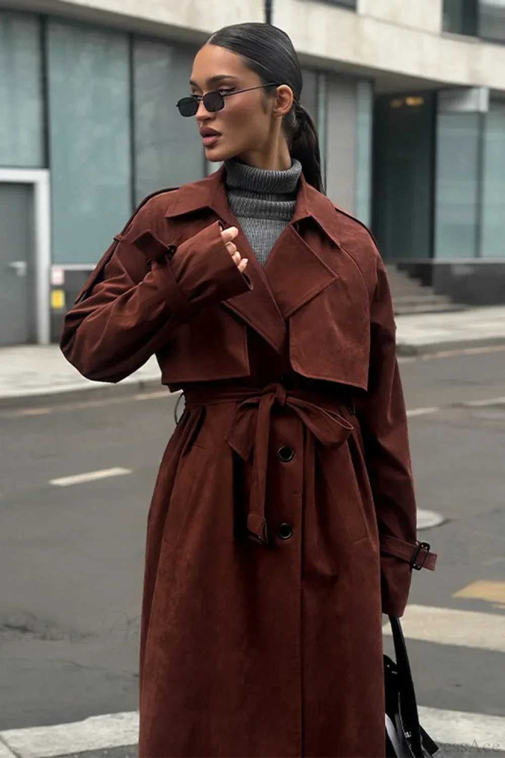 Vintage Maillard Notched Collar Suede Tie-Waist Overcoat - Image 5