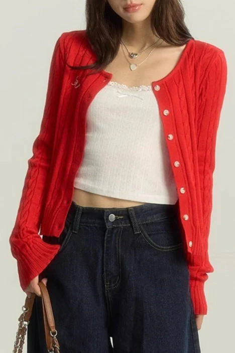 Maroon Cable Cropped Knit Cardigan - Image 2