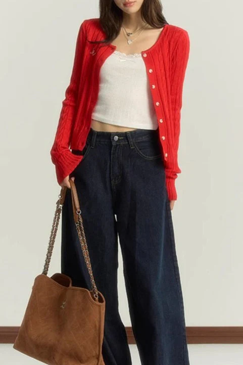 Maroon Cable Cropped Knit Cardigan - Image 4