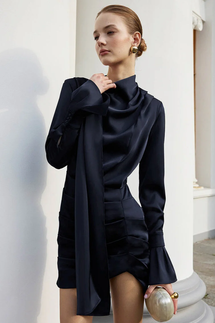 Matte Satin Bell Sleeve Stand Collar Elegant Mini Dress - Image 2