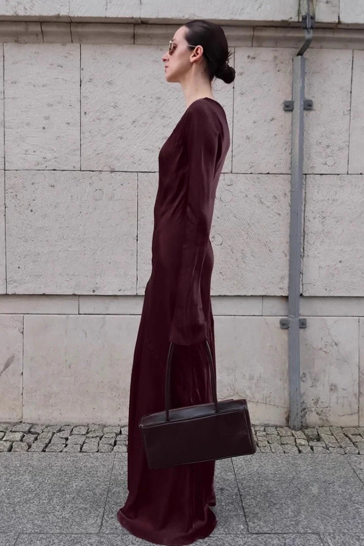 Mermaid U-Neck Satin Solid Color Elegant Maxi Dress - Image 4