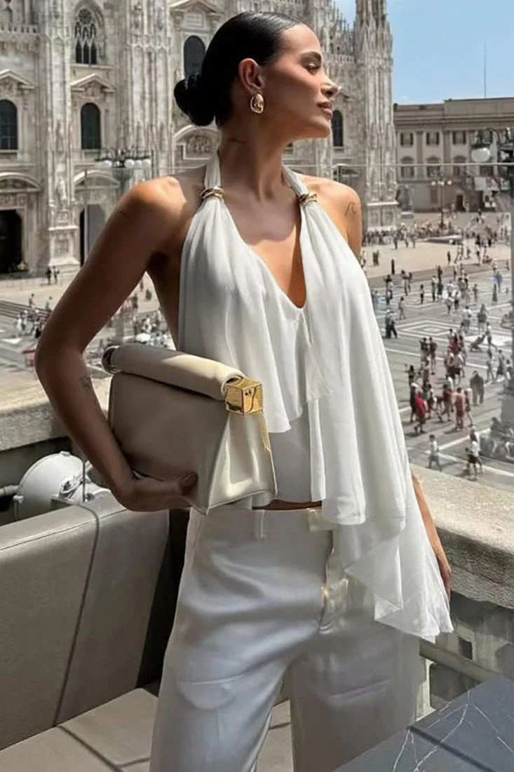 Mesh Asymmetrical Solid Halter Cami Top - Image 3