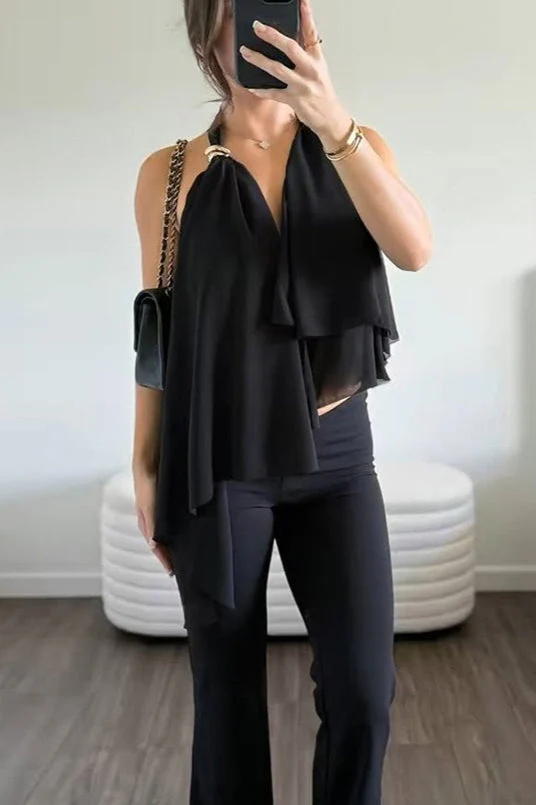 Mesh Asymmetrical Solid Halter Cami Top - Image 6