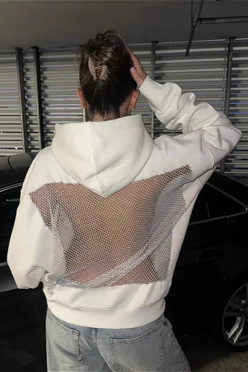 Mesh Cutout Hooded Long Sleeve Casual Sporty Hoodie - Image 3