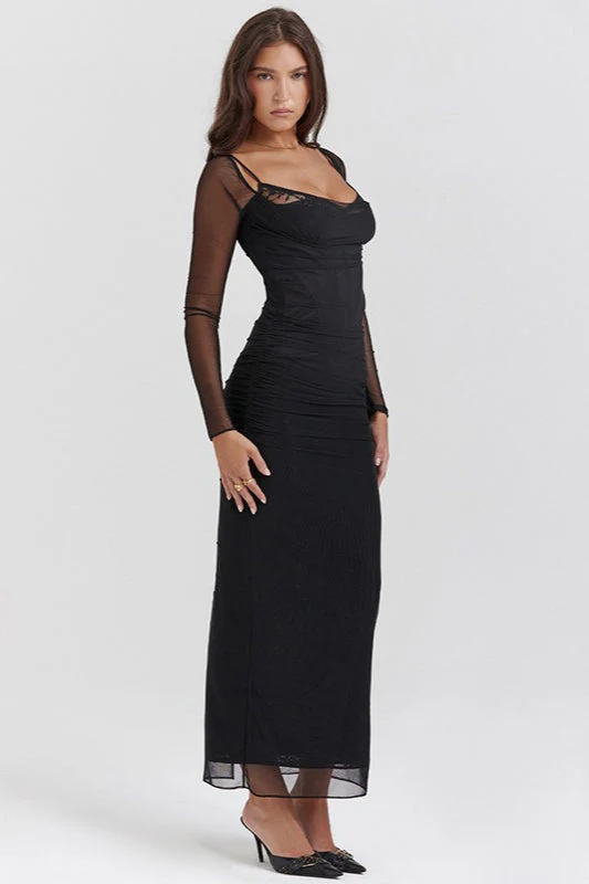 Mesh Lace Patchwork Boned Fitted High Slit Elegant Maxi Dress - Image 11