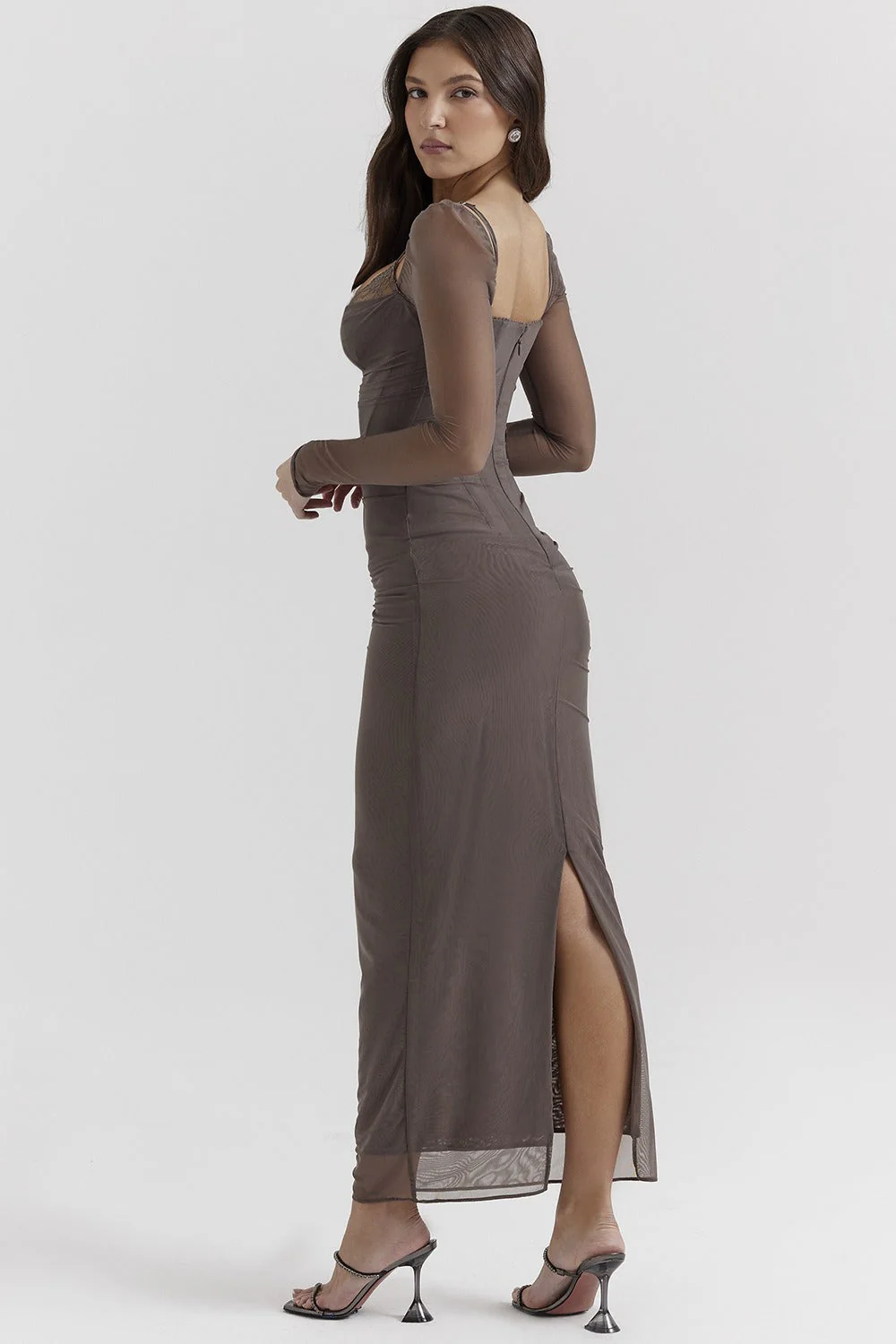 Mesh Lace Patchwork Boned Fitted High Slit Elegant Maxi Dress - Image 8