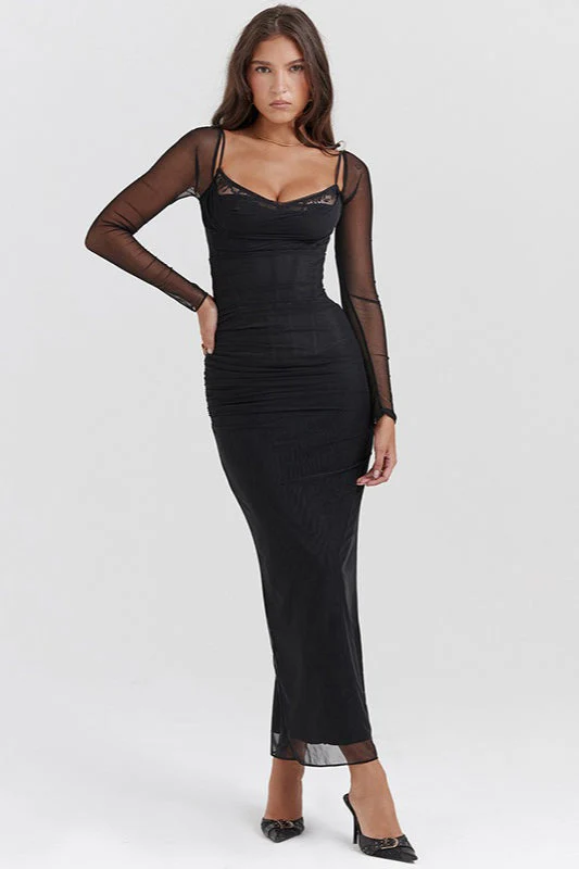 Mesh Lace Patchwork Boned Fitted High Slit Elegant Maxi Dress - Image 9