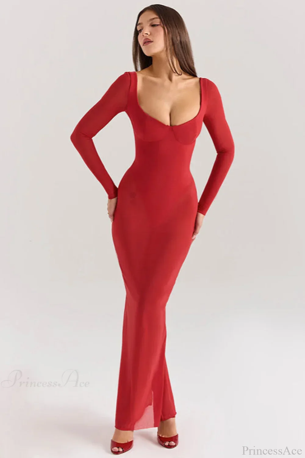 Mesh Long Sleeve Fitted Elegant Maxi Dress - Image 3
