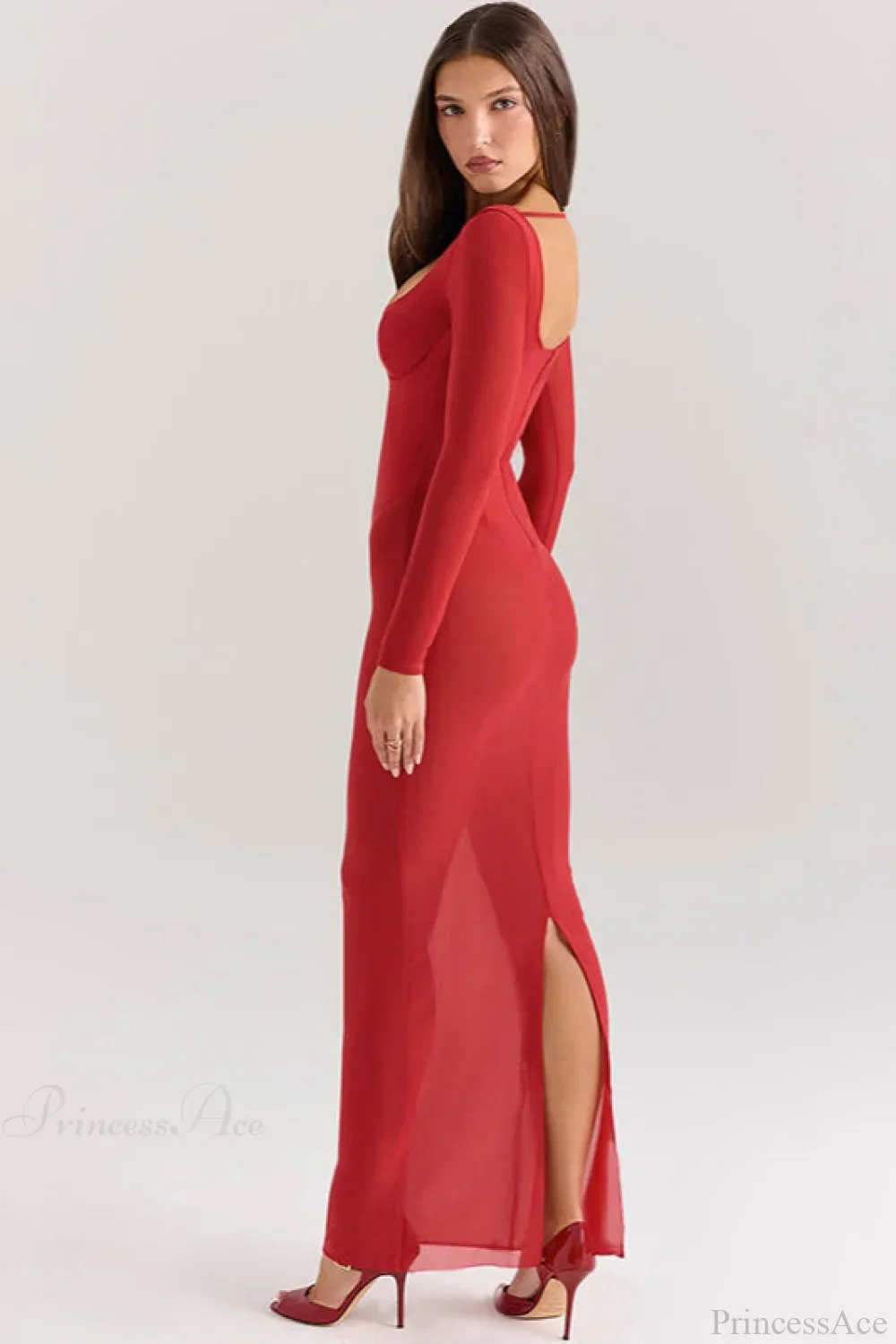 Mesh Long Sleeve Fitted Elegant Maxi Dress - Image 4