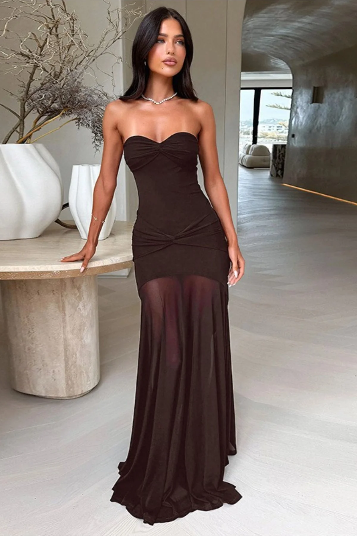 Mesh Patchwork Strapless Shirred Backless Bodycon Maxi Dress - Image 11