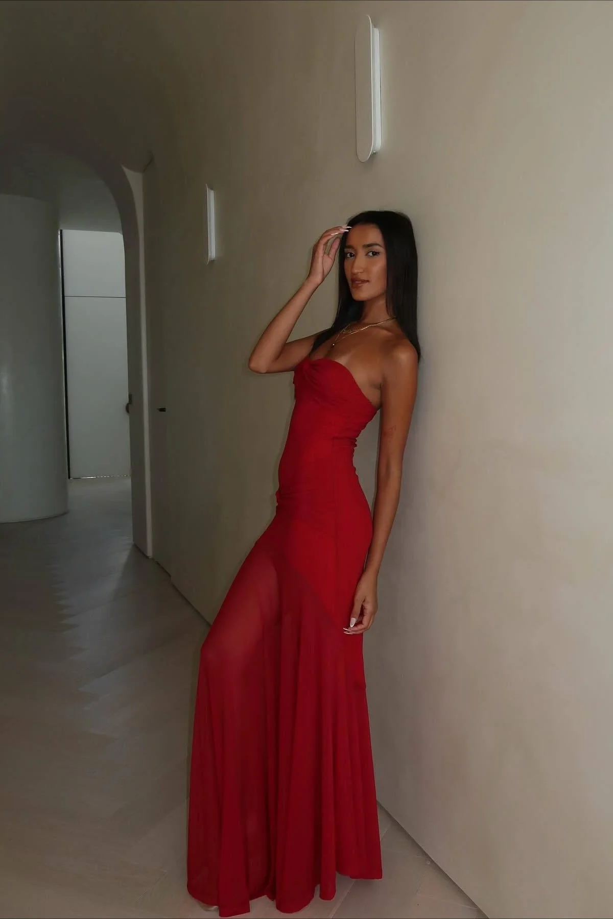 Mesh Patchwork Strapless Shirred Backless Bodycon Maxi Dress - Image 3