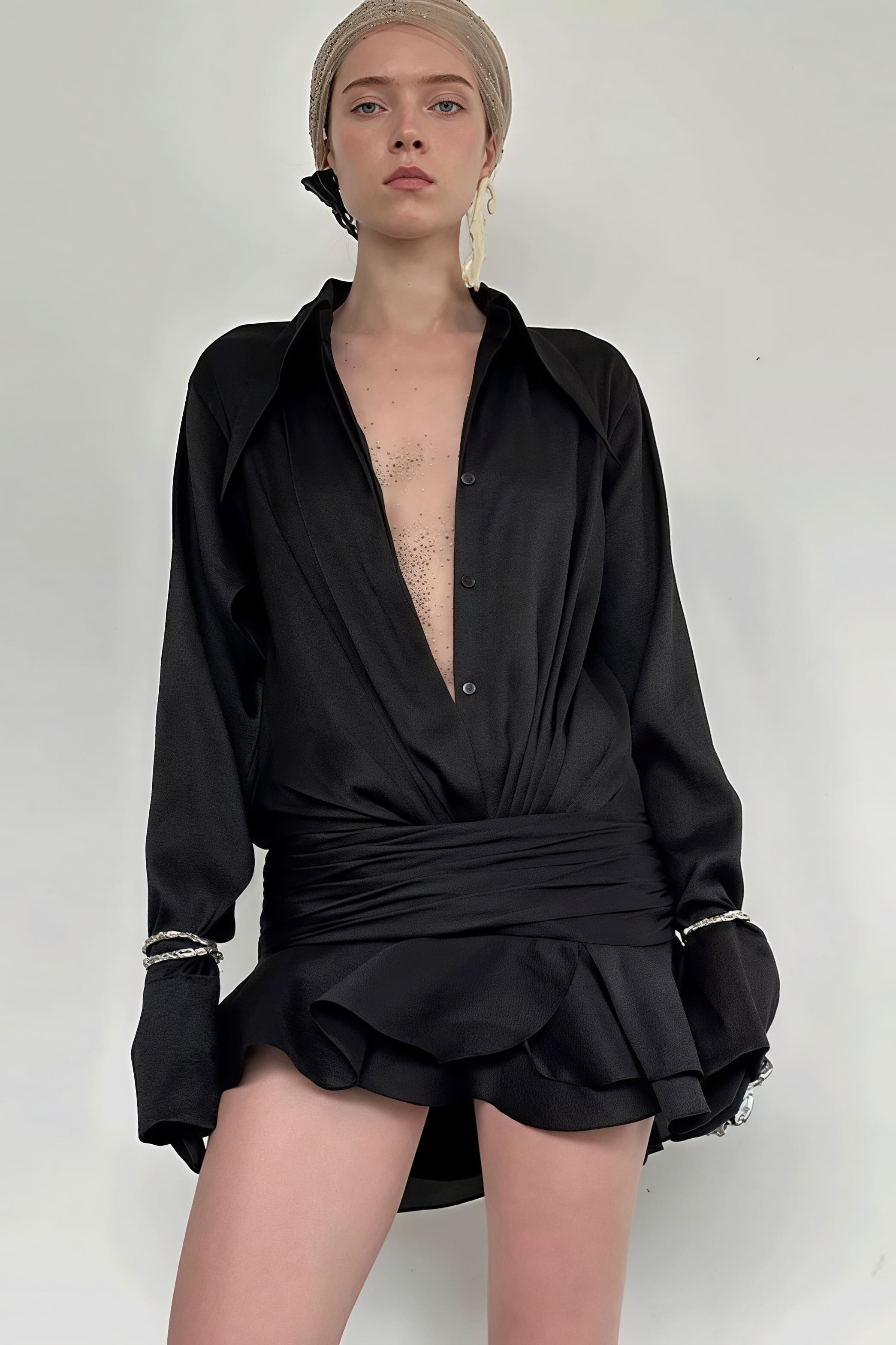 Mesh Slim Fit V Neck Flared Sleeve Mini Dress - Image 7